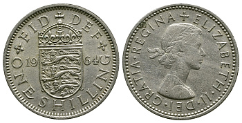 Великобритания 1 шиллинг 1964 Елизавета II (1952-2022), Английский герб KM 904, Spink 4147 медно-никель 4384-521