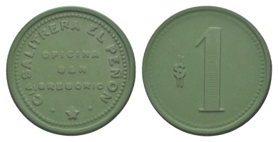 Чили, Сан-Грегорио (San Gregorio), Агуа Бланка (Agua Blanca) шахтерский жетон с Селитряного рудника для покупки в местных магазинах, номиналом в 1 песо 1880-1920 диаметр 30 мм, вес 3,48 гр Espinosa 275.8 эбонит (зеленый) 1094-1-52