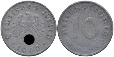 ГЕРМАНИЯ 10 РЕЙХСПФЕННИГОВ 1940 D KM 101, J. 371 цинк 4401-842