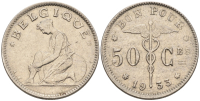 Бельгия 50 сантимов 1933 BELGIQUE KM 87 никель 4594-562