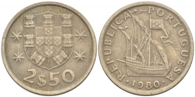 Португалия 2,5 эскудо 1980 парусник KM 590 медно-никель 3718-324