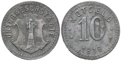 Города Бремерхафен, Лее и Гестемюнде 10 пфеннигов 1919 Unterweserstadte (Унтервезерштадт) Funck 558.2, Men05 25587.3, Men18 32086.3 цинк 4379-217
