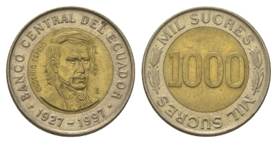 Эквадор 1000 сукре 1997 70 лет Центробанку KM 103 биметалл UNC 4626-426
