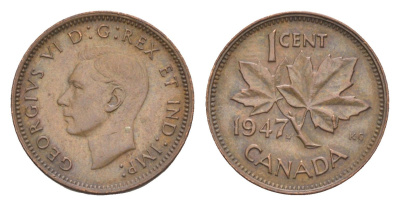 Канада 1 цент 1947 Leaf, Георг VI (1936-1952), кленовый лист KM 32 бронза 4630-522