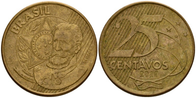 Бразилия 25 сентаво 2010 KM 650 сталь плакированная латунью 216-1126