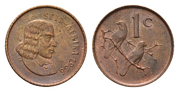 ЮАР 1 цент 1966 Ян ван Рибек (1619-1677), Suid Africa, легенда на африкаанс, капские воробьи KM 65.2 бронза aUNC 4690-1067