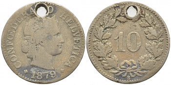 Швейцария 10 раппенов 1879 KM 27 медно-никель 112-224