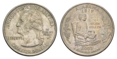 США 25 центов (квотер, 1/4 доллара) 2003 P, квотер штата Алабама KM 344 медь плакированная медно-никелем 4652-847