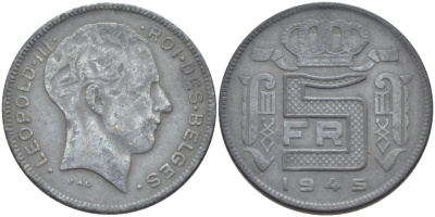 БЕЛЬГИЯ 5 ФРАНКОВ 1945 BELGES, ГЕРМАНСКАЯ ОККУПАЦИЯ, ВТОРАЯ МИРОВАЯ ВОЙНА KM 129.1 цинк 4448-945