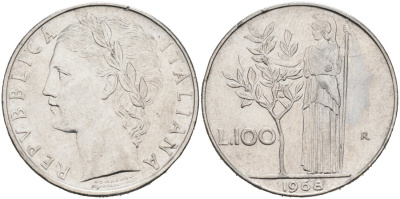 Италия 100 лир 1968 R, АФИНА У ОЛИВКОВОГО ДЕРЕВА KM 96.1 нержавеющая сталь 4572-935