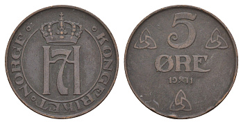 Норвегия 5 эре 1911 Хокон VII (1905-1957) KM 368 бронза 4654-937