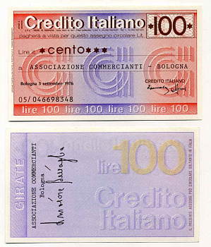 Италия чек на 100 лир 1976 credito Italiano, ассоциация торговцев bologna, 3 сентября 1976 бумага UNC (пресс) 8588-14-2-1