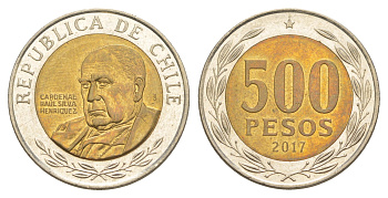 Чили 500 песо 2017 кардинал Рауль Сильва Энрикес (1907-1999) KM 235 биметалл UNC 4641-545