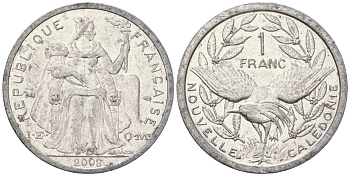 Французская Новая Каледония 1 франк 2008 птица кагу, (IEOM) KM 10, Schoen 10 алюминий 55-643