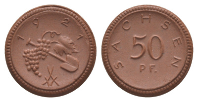 Саксония 50 пфеннигов 1921 Men05 22281.9, Men18 27868.9, Scheuch 34a фарфор 08-1137