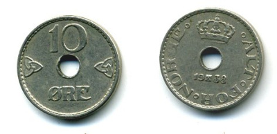 НОРВЕГИЯ 10 ЭРЕ 1938 KM 383 медно-никель 04-1046