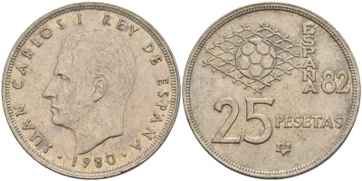Испания 25 песет 1980 (80) Хуан Карлос I (1975 - 2014) KM 818 медно-никель 4149-1114