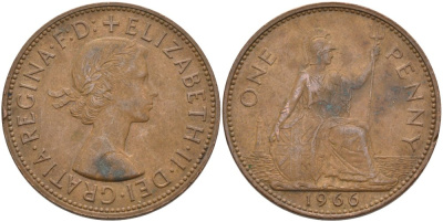 Великобритания 1 пенни 1966 Елизавета II (1952-2022) KM 897, Spink 4157 бронза 4574-314