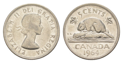 Канада 5 центов 1964 Елизавета II (1952-2022), бобр KM 57 никель 4630-711