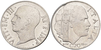 ИТАЛИЯ 20 ЧЕНТЕЗИМО 1941 R, ГОД XIX, ВИКТОР ЭММАНУИЛ III (1900-1946) KM 75b, VEM3. 1028 нержавеющая сталь 3853-955