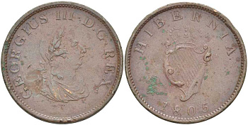 Ирландия 1/2 пенни 1805 Георг III (1760-1820) KM 147.1 медь 109-834