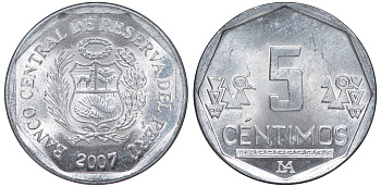 Перу 5 сентимо 2007 LIMA KM 304.4a алюминий aUNC 4189-966