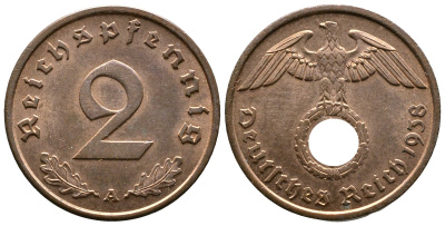 Германия 2 рейхспфеннига 1938 A KM 90, J. 362 бронза 176-913