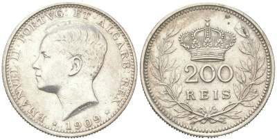 Португалия 200 реалов 1909 Мануэл II (1908-1910) KM 549 серебро 4616-154