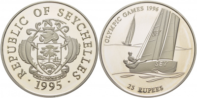 Сейшельские острова 25 рупий 1995 олимпийские игры 1996 года в Атланте, регата, тираж 30000 экз. KM 80 серебро PROOF 04-174-22