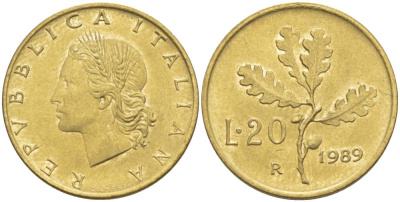 ИТАЛИЯ 20 ЛИР 1989 R, ДУБОВЫЕ ЛИСТЬЯ KM 97.2 алюминиевая бронза 4551-326