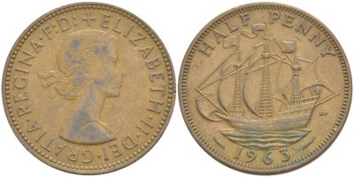 Великобритания 1/2 пенни 1963 Елизавета II (1952-2022) KM 896, Spink 4158 бронза 4544-137