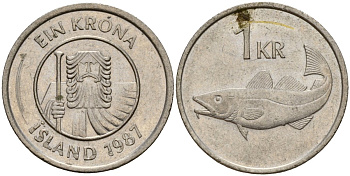 Исландия 1 крона 1987 треска KM 27 медно-никель 4156-333