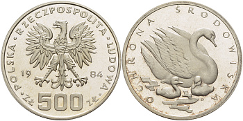 Польша 500 злотых 1984 MW, серия охрана окружающей среды, лебедь KM 154, Parchimowicz 322 серебро PROOF 1085-1-71