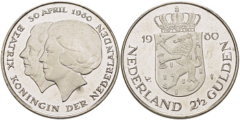 Нидерланды 2 1/2 гульдена 1980 коронация Беатрикс, 30 апреля 1980 KM 201 никель 38-134