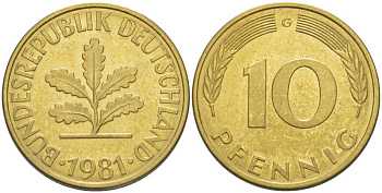 ФРГ 10 ПФЕННИГОВ 1981 G KM 108, J. 383 сталь плакированная латунью 219-537