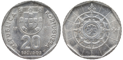 Португалия 20 эскудо 1987 KM 634 медно-никель 4142-1226