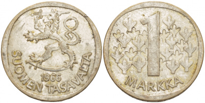 Финляндия 1 марка 1966 S KM 49 серебро 3457-942
