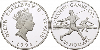 Тувалу 20 долларов 1994 Олимпийские игры 1996 года, копьеметатель KM 25 серебро PROOF 11-101-44