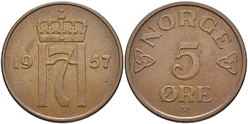 НОРВЕГИЯ 5 ЭРЕ 1957 ХОКОН VII (1905-1957) KM 400 бронза 115-824
