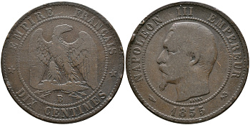 ФРАНЦИЯ 10 САНТИМОВ 1855 В, НАПОЛЕОН III (1852-1870) KM 771.2, LE FRANC 133.20 бронза 32-234