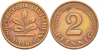ФРГ 2 ПФЕННИГА 1961 F KM 106, J.381 бронза 4396-1553