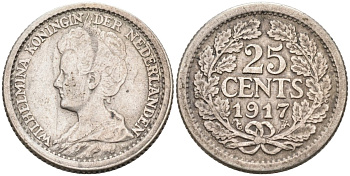 Нидерланды 25 центов 1917 Вильгельмина (1890-1948) KM 146 серебро 4576-757