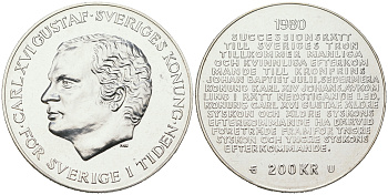 Швеция 200 крон 1980 U, Карл XVI Густав (1973- ), шведский королевский свод законов о престолонаследии, в оригинальной пластиковой упаковке KM 860 серебро PROOFLIKE 1089-2-31
