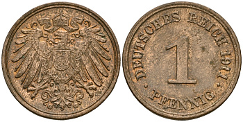 Германия 1 пфенниг 1911 G, Вильгельм II (1888-1918) KM 10, J. 10 медь 4608-241