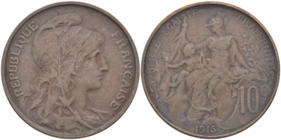 ФРАНЦИЯ 10 САНТИМОВ 1915 ТИП ДАНИЭЛЬ ДЮПЮИ KM 843, LA FRANC 136.25 бронза 109-344