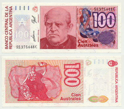 АРГЕНТИНА 100 АУСТРАЛЕЙ 1989 СЕРИЯ С 55375, Фаустино Сармьенто, Аргентинский военный деятель, масон Pick 327с бумага UNC (ПРЕСС) 6301-12-3