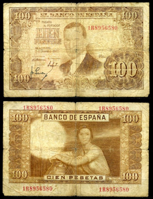 Испания 100 песет 1953 7 апреля 1953, Хулио Ромеро де Торрес Pick 145а бумага 8617-17-1-2