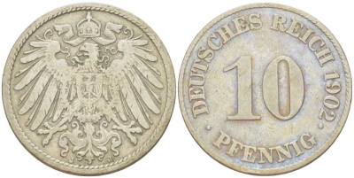 Германия 10 пфеннигов 1902 J KM 12, J. 13, Weege 8 медно-никель 259-831