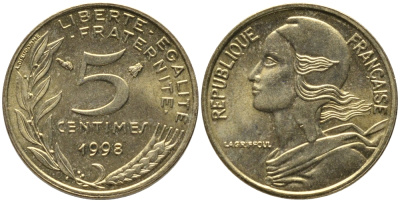 ФРАНЦИЯ 5 САНТИМОВ 1998 ТИП MARIANNE KM 933 медь алюминий никель 99-1132