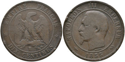 ФРАНЦИЯ 10 САНТИМОВ 1855 В, НАПОЛЕОН III (1852-1870) KM 771.2, LE FRANC 133.20 бронза 32-234
